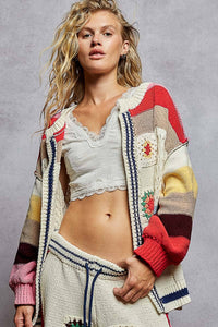 Thumbnail for Balloon sleeve crochet patch open cardigan