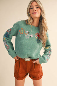 Thumbnail for FLORAL EMBROIDERY PULLOVER SWEATER MSW10963