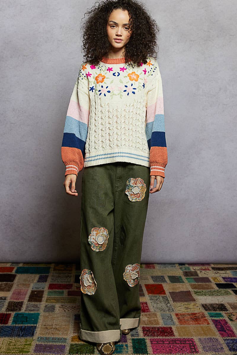 Color block pattern floral embroidered chenille sweater top