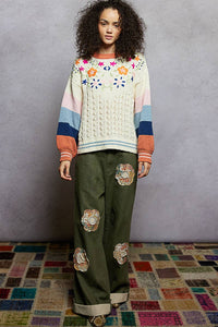 Thumbnail for Color block pattern floral embroidered chenille sweater top