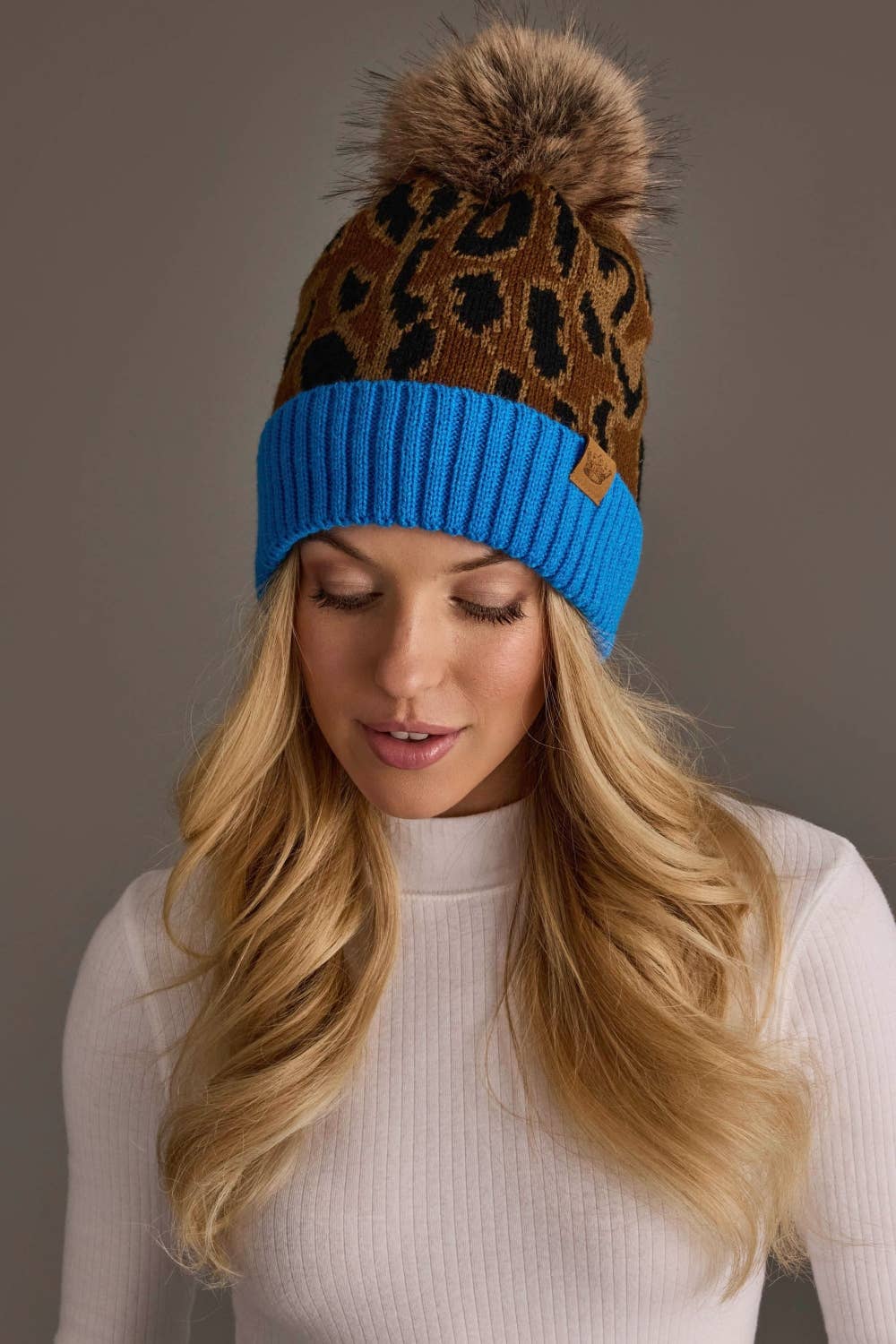 Brown Leopard Pattern Pom Hat with Blue Cuff