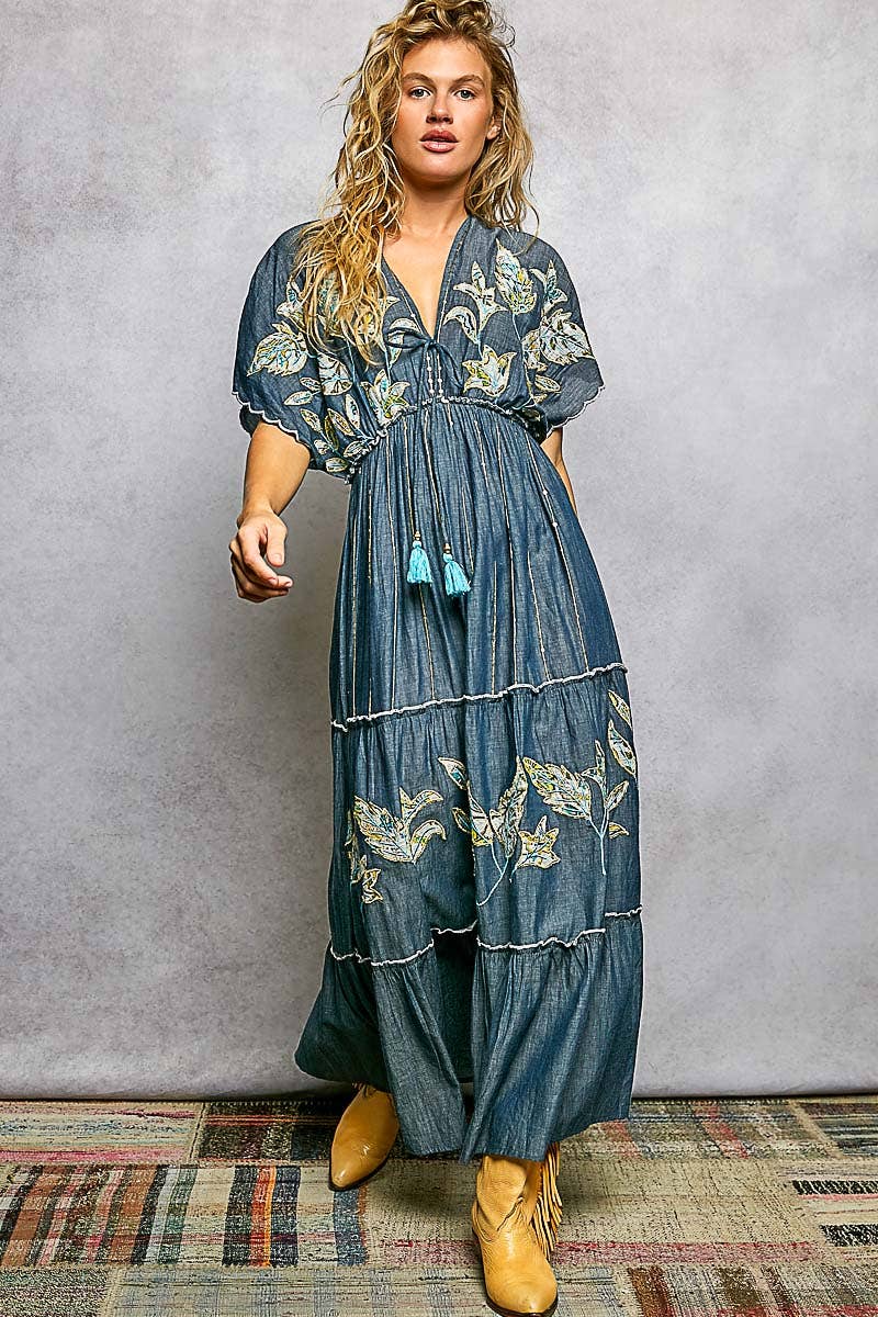 Embroidery Ruffle Neck Loop Cotton Denim V-neck Long Dress