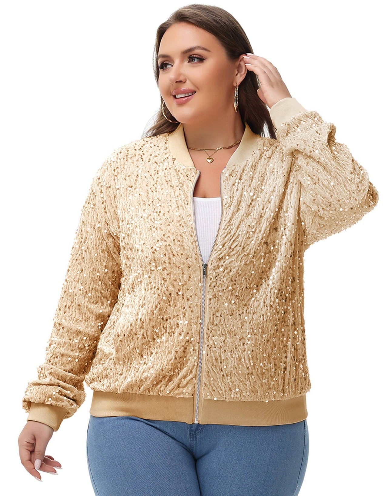 Plus Size Sequin Jacket Sparkly Zip Bomber Coat With Pockets