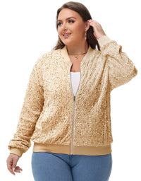 Thumbnail for Plus Size Sequin Jacket Sparkly Zip Bomber Coat With Pockets