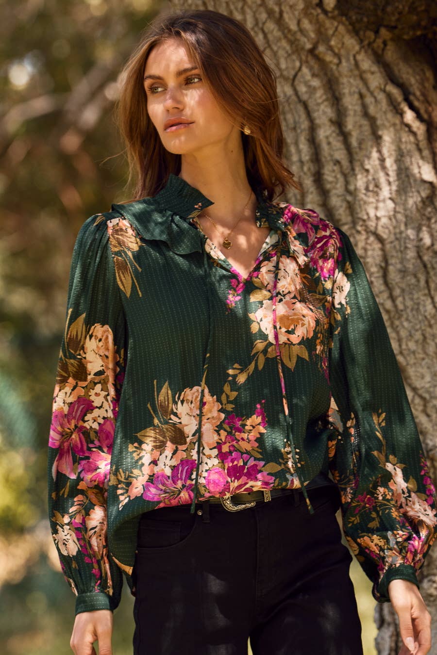 Plus Floral Printed Long-sleeve Blouse