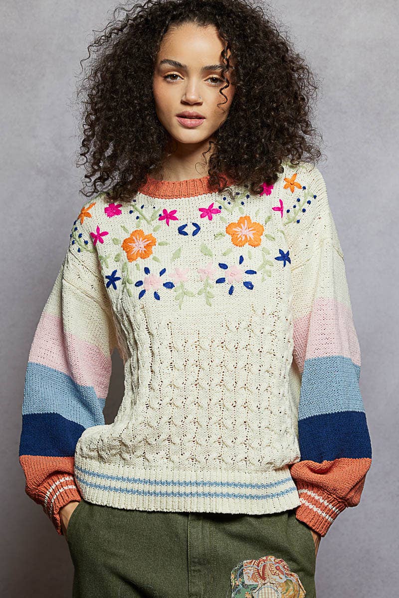 Color block pattern floral embroidered chenille sweater top