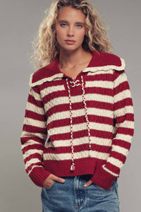 Thumbnail for Lace-Up Cable Knit Striped Sweater Top