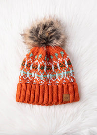 Thumbnail for Orange, Lt. Blue, Mint & Olive Patterned Pom Hat