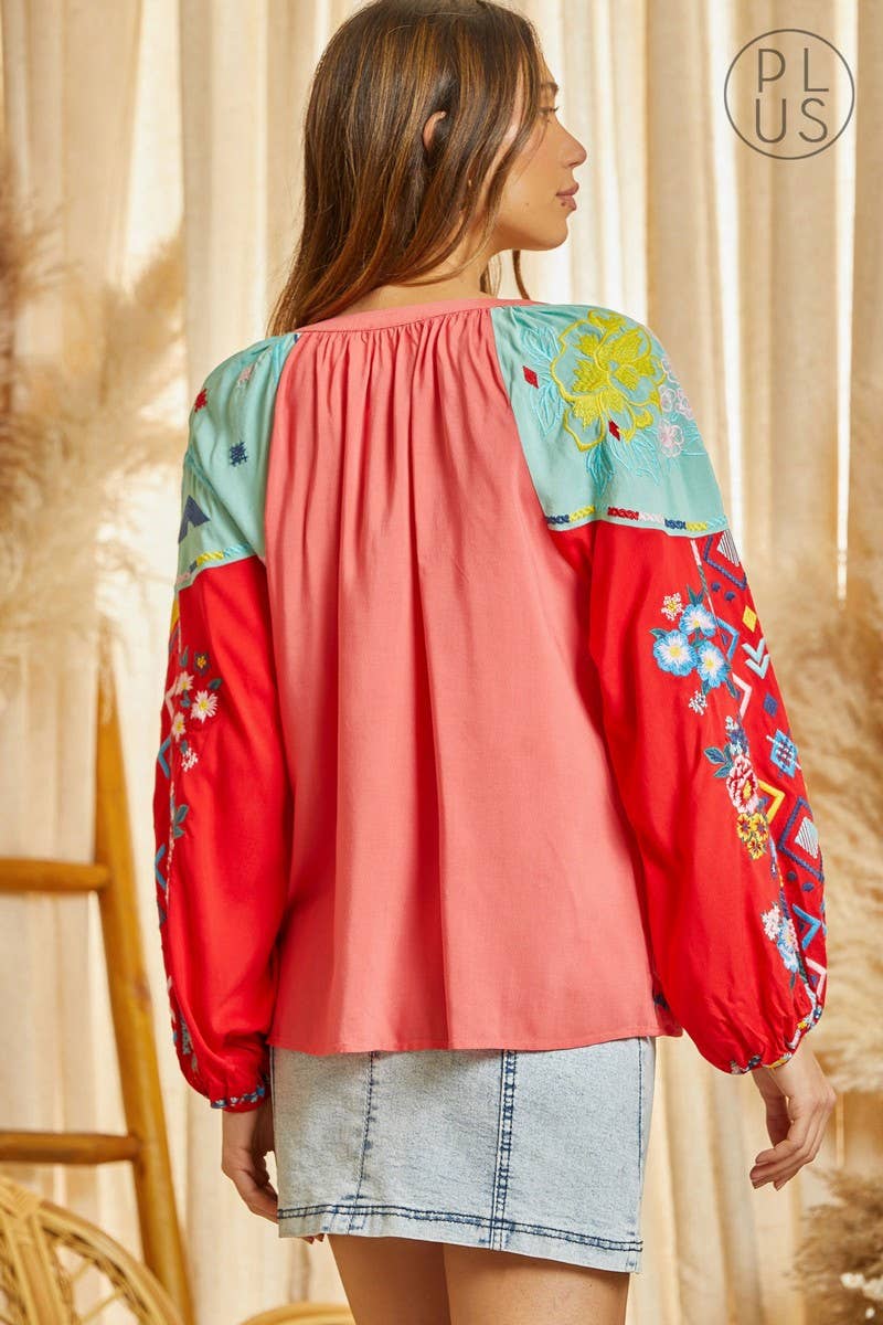 PLUS Embroidered Tunic Top CORAL MULTI