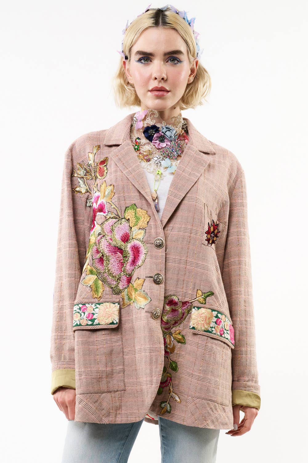 Pink Ash Washed Button-Up Blazer with Embroidered Patches and Velvet Elbow Details