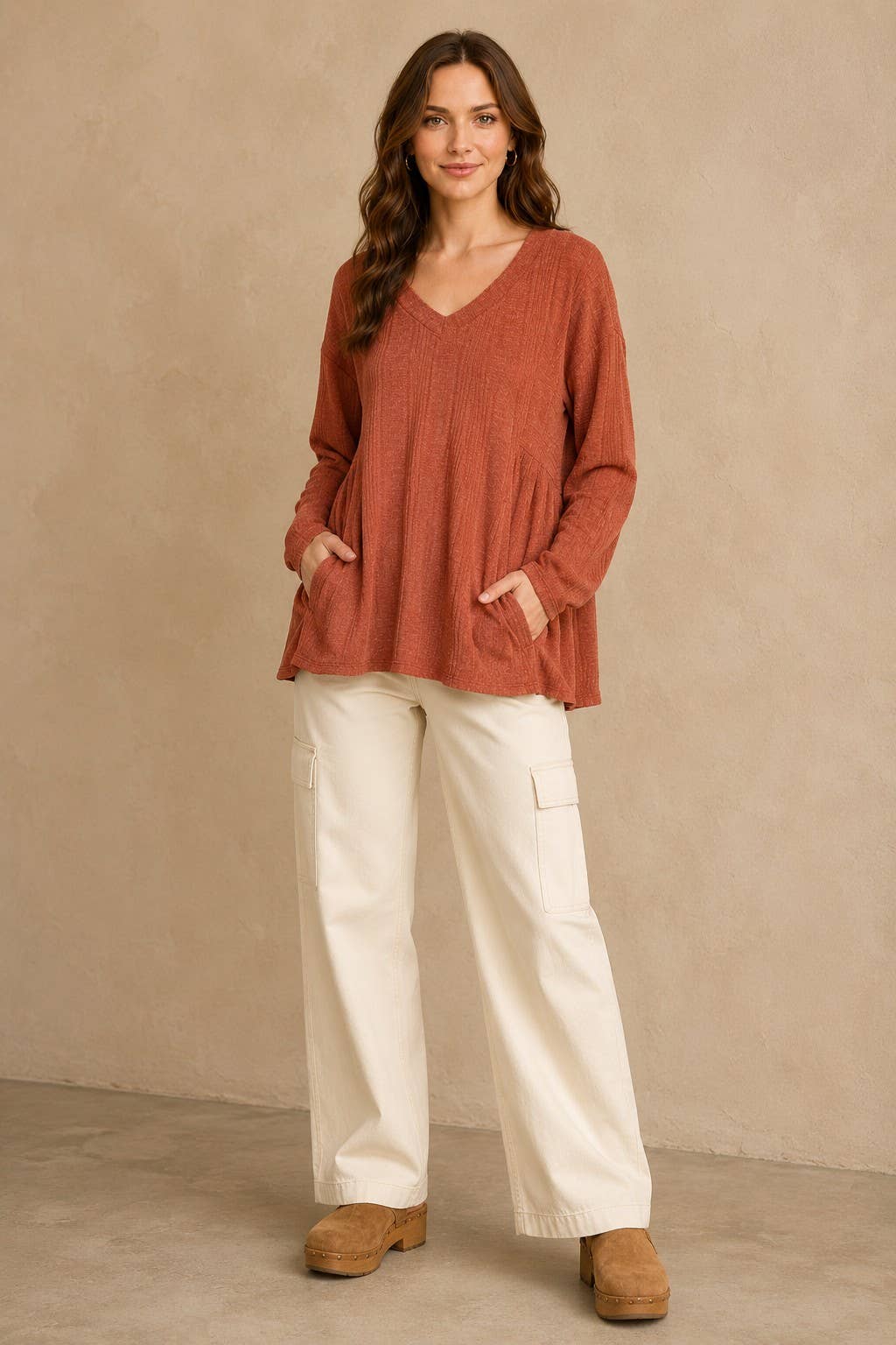 Plus size Rib knit long sleeve top with side yoke.