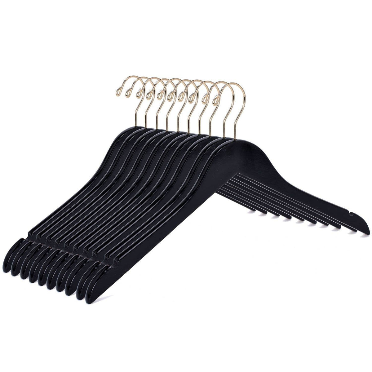 W071 Semi Curved Wooden Hangers - Black with Gold Hook - 80