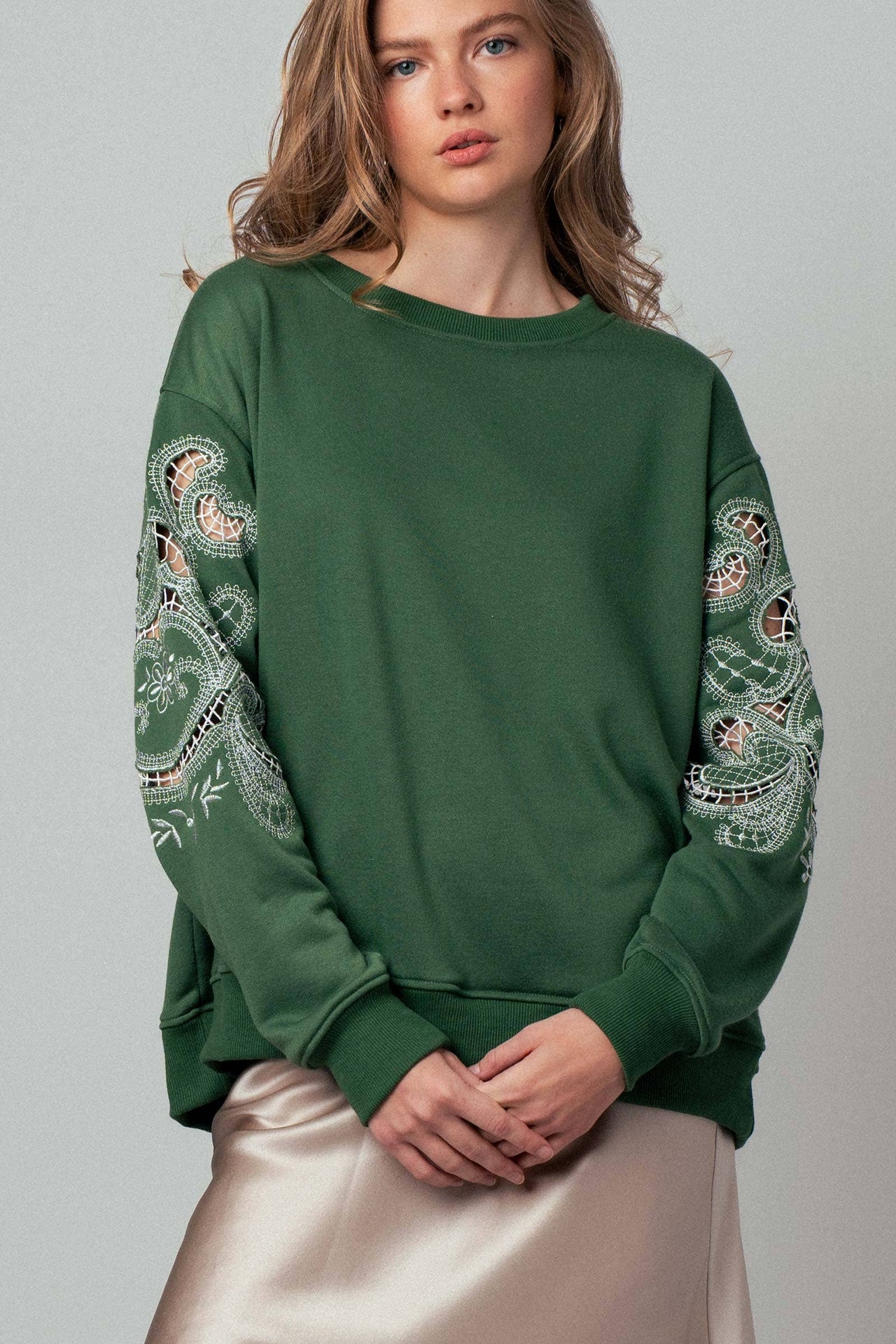 Romantic Lace Embroidered Sleeve Sweatshirt