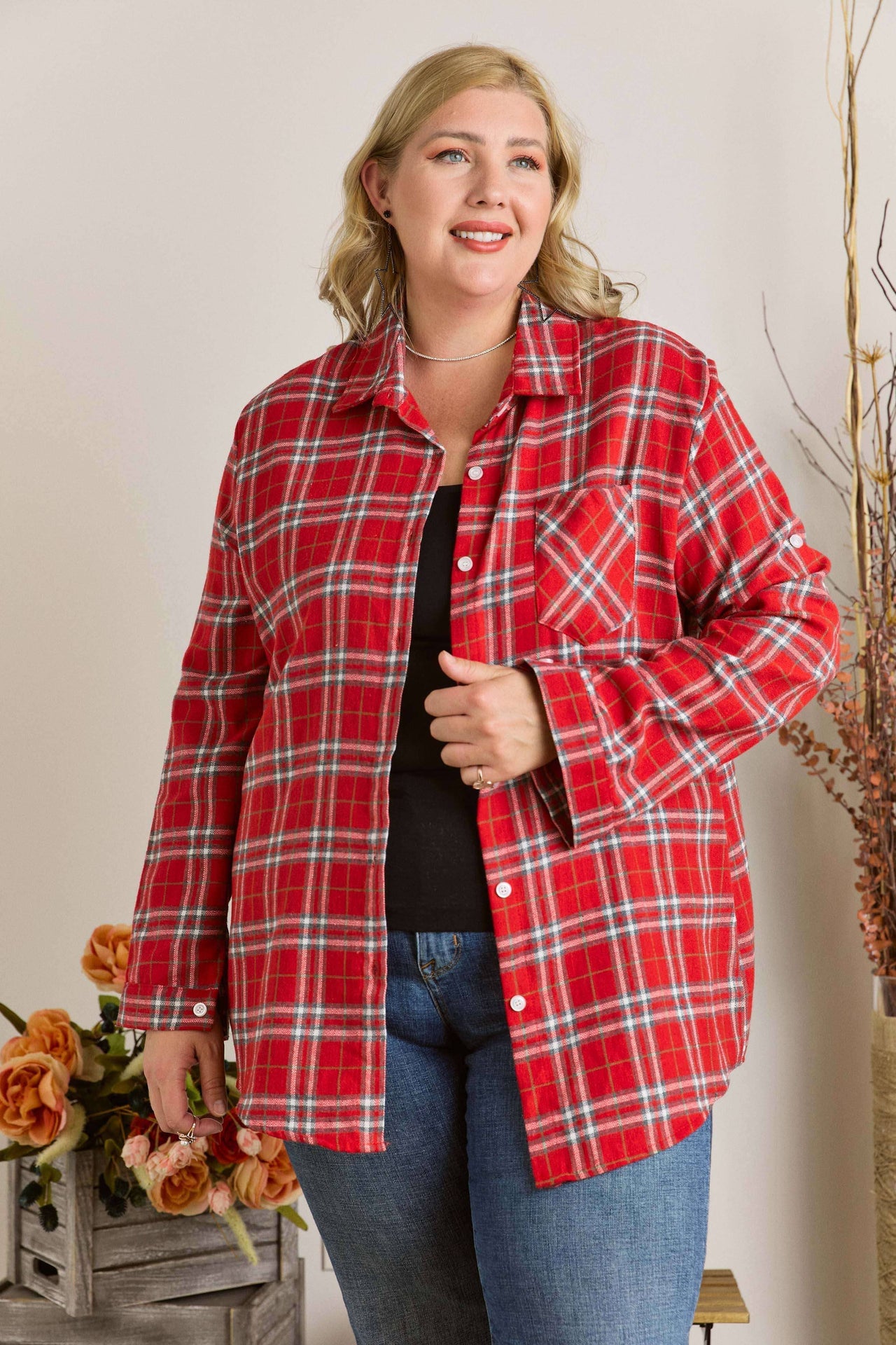 PLUS BUTTON DOWN FLANNEL SHIRTS: RED