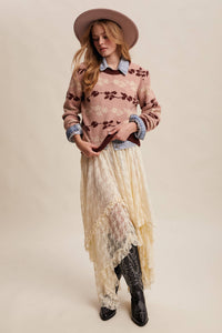 Thumbnail for Floral Jacquard Knit Muted Rose Pullover Sweater