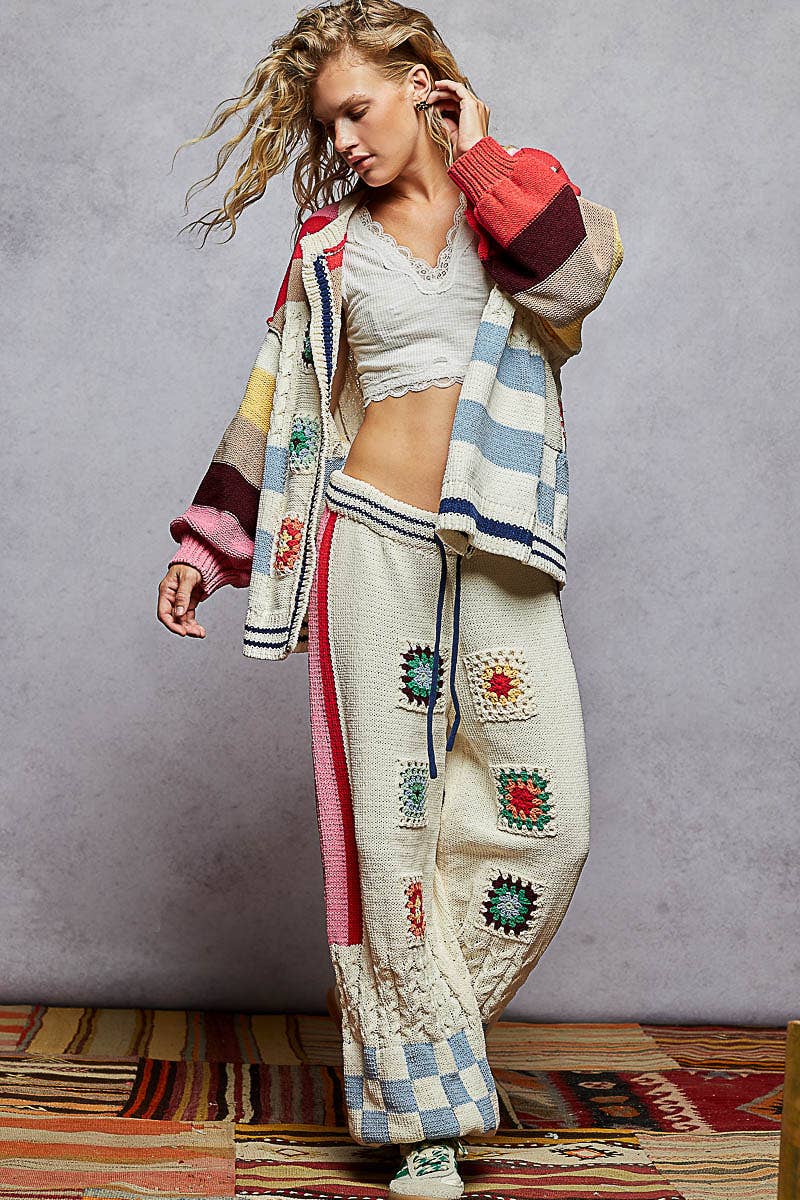 Balloon sleeve crochet patch open cardigan