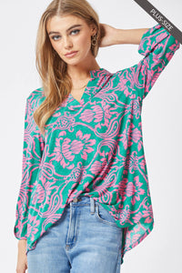 Thumbnail for PLUS SIZE 3/4 Sleeve Lizzy Wrinkle Free Blouse: Emerald Pink