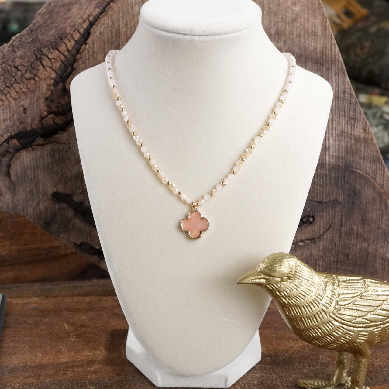 Short Beaded Clover Pendant Necklace with Semi-Precious Stone Beads