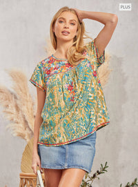 Thumbnail for PLUS SIZE Printed Blouse - Aztec Design: TEAL