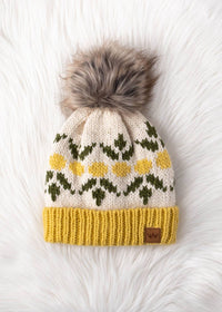 Thumbnail for Ivory & Yellow Lemon Patterned Pom Hat