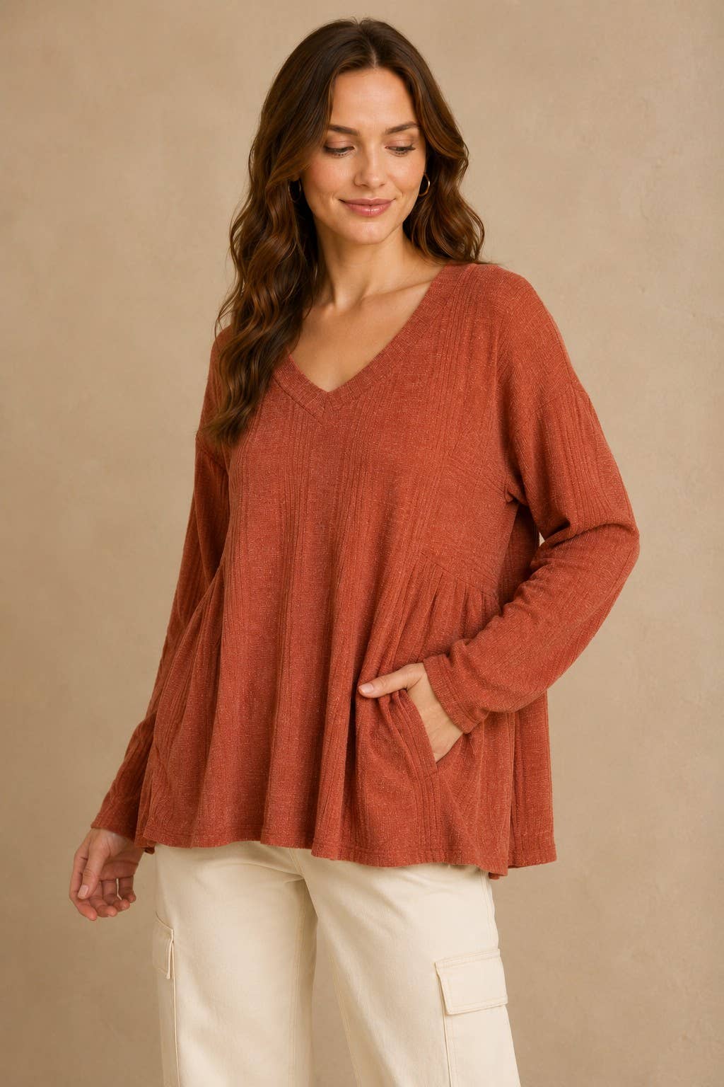 Plus size Rib knit long sleeve top with side yoke.