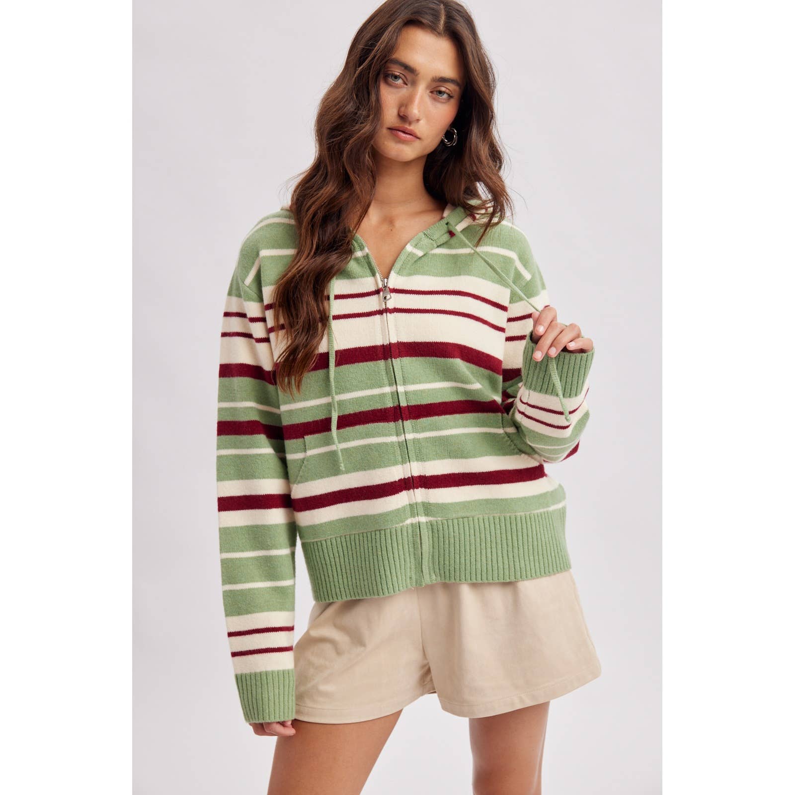 STRIPED ZIP UP SWEATER HOODIE / WL26-13257