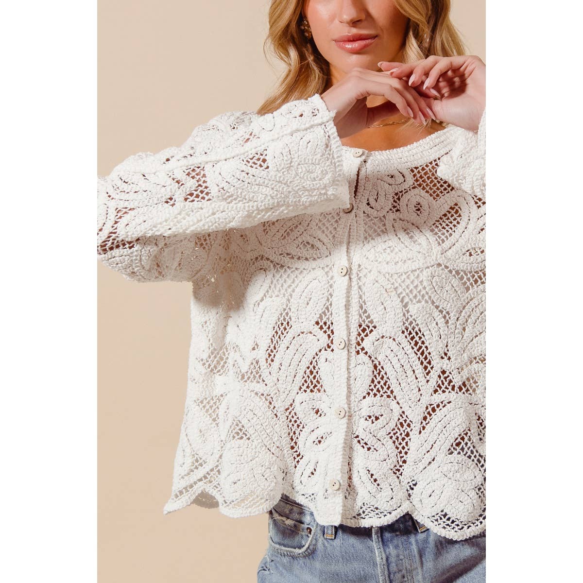 FLORAL PATTERN CROCHET LACE CARDIGAN TOP