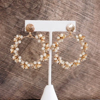 Thumbnail for Floral Wreath Glass Bead Statement Earrings – Cream & Gold