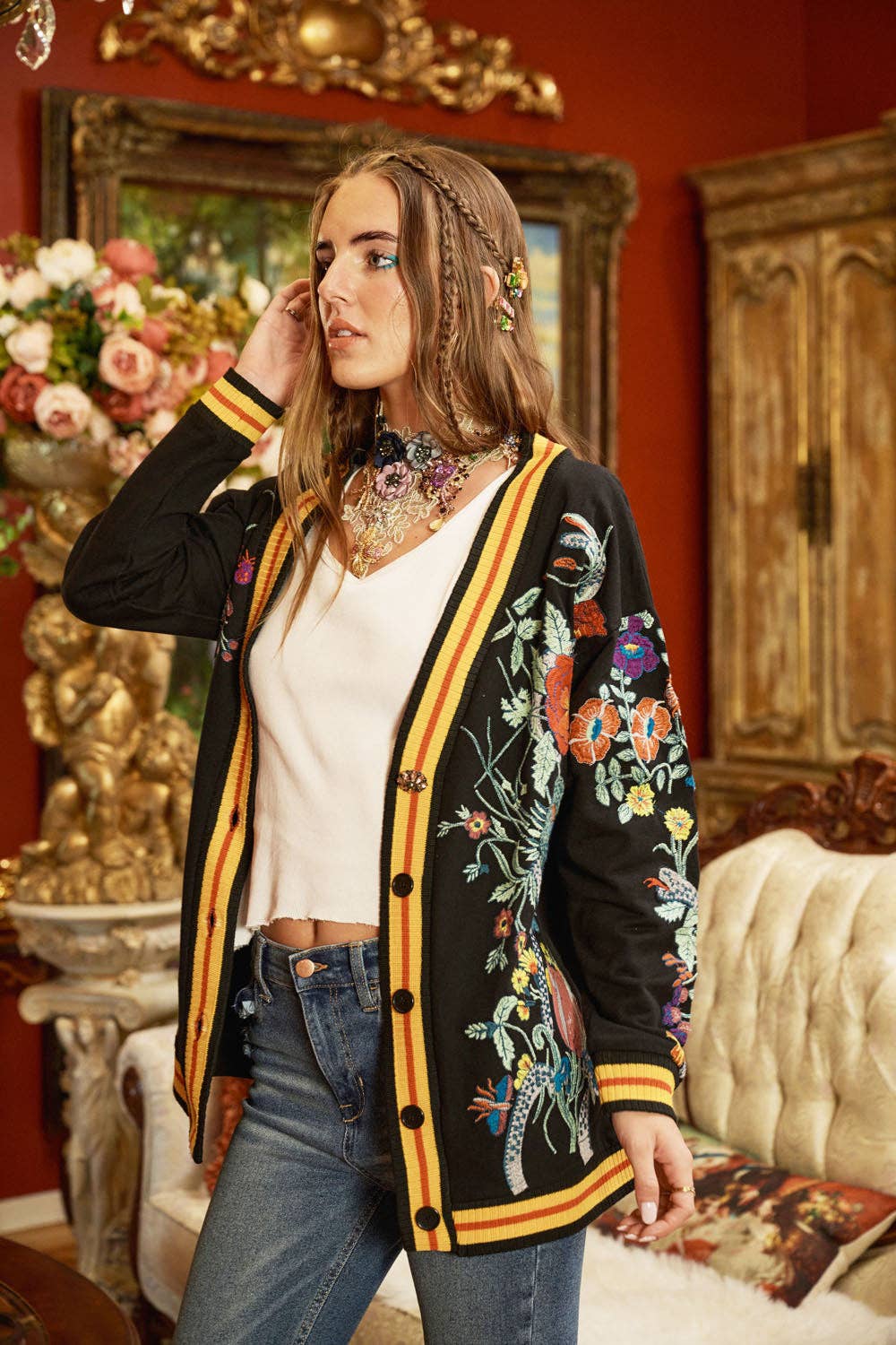 Hermione French Terry Cardigan | Floral Embroidered Jacket