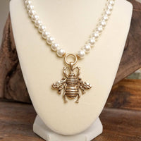 Thumbnail for Boho Bee Pearls Statement Timeless Necklace in Worn Gold