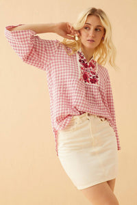 Thumbnail for Pink gingham blouse with floral embroidery and lightweight textured fabric